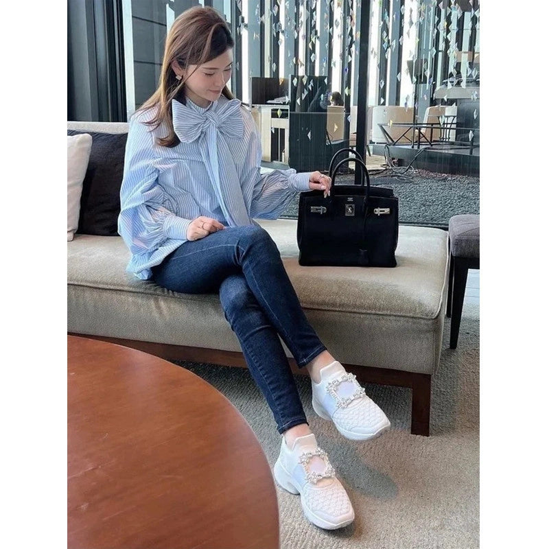 Rhinestone buckle mesh casual sneakers