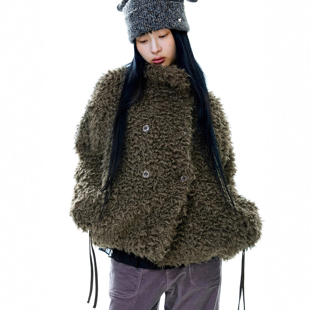 Plush Lace-Up Double-Breasted Jacket Top Women 73C099