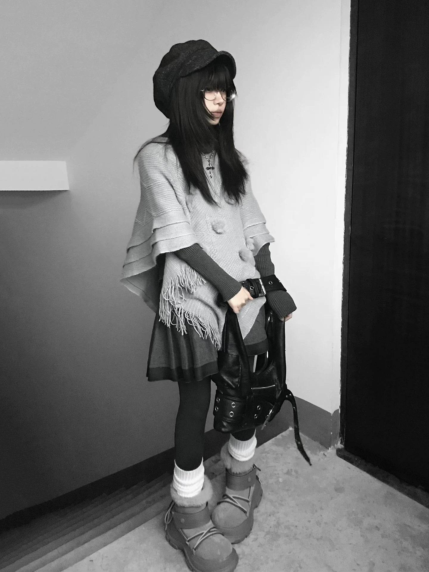 Grey Hairball Cape Knitted Sweater SA642