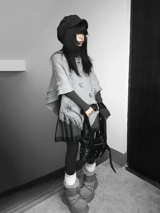 Grey Hairball Cape Knitted Sweater SA642