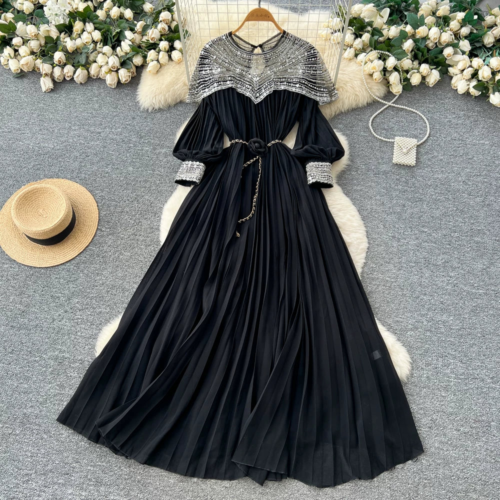 Embroidered Beaded Sequin Lantern Sleeve Dress 64D215