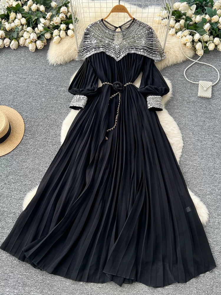 Embroidered Beaded Sequin Lantern Sleeve Dress 64D215
