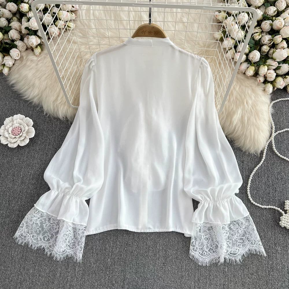 Lace Patchwork Bell Sleeve Bow Tie Shirt 58A961