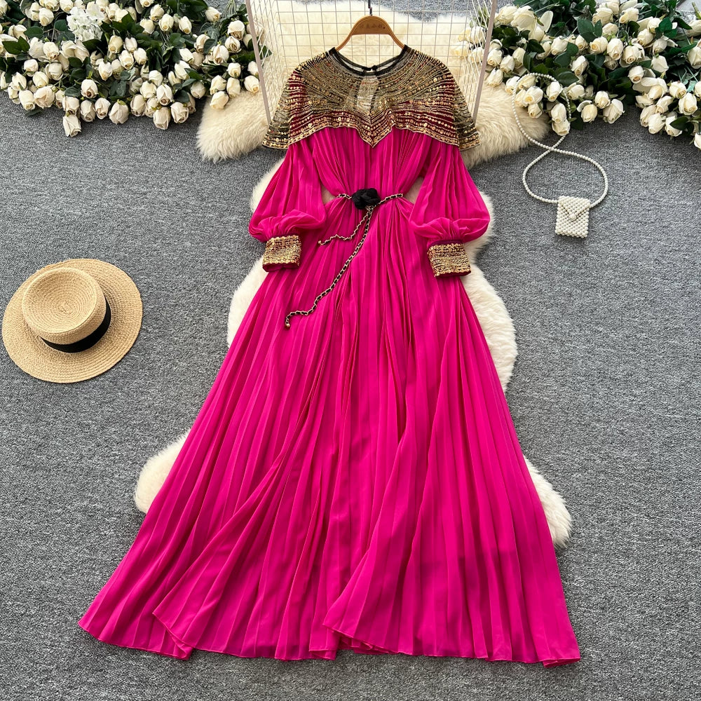 Embroidered Beaded Sequin Lantern Sleeve Dress 64D215