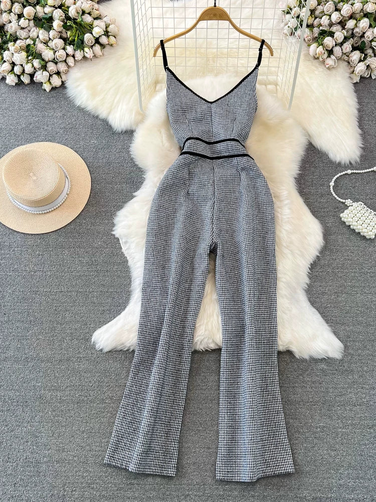 V-neck Houndstooth Woolen Jumpsuit 64H073