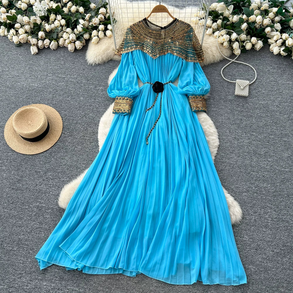 Embroidered Beaded Sequin Lantern Sleeve Dress 64D215