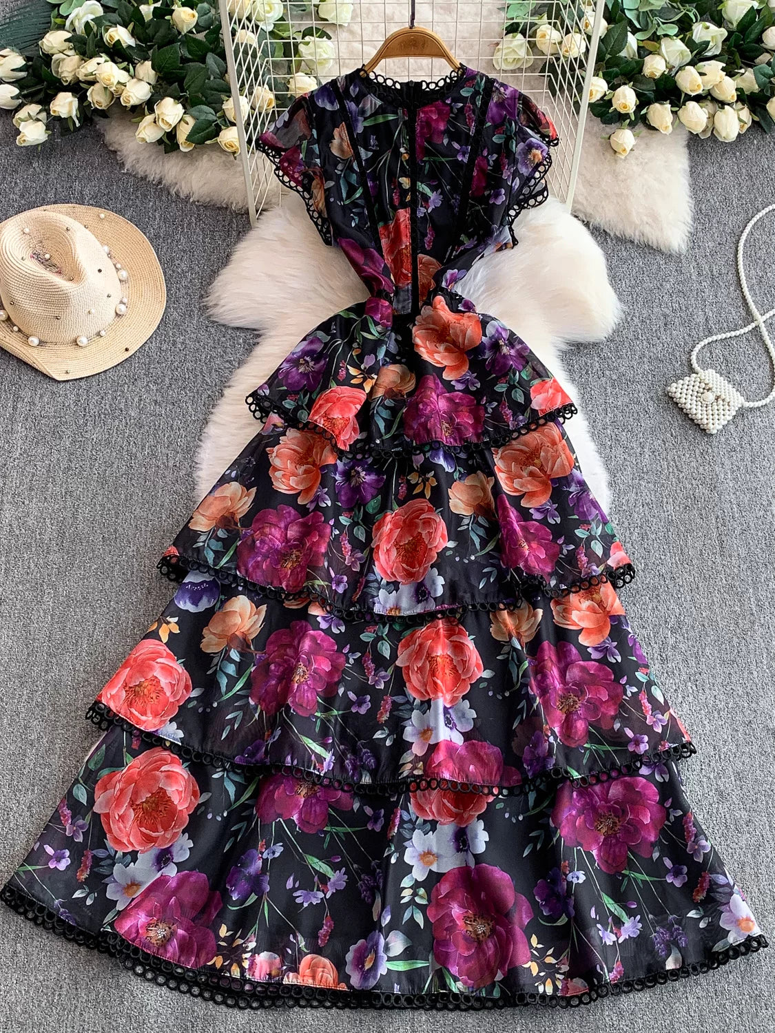 Lace-trimmed, Printed, Round-neck Dress SA758