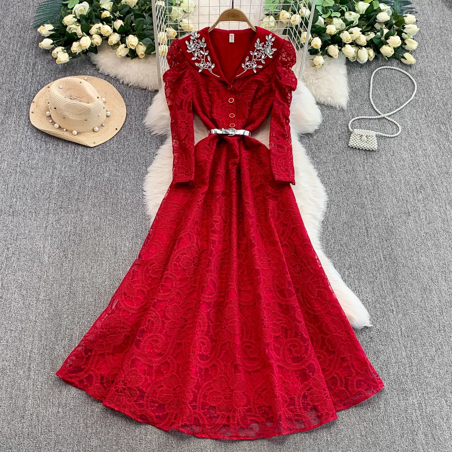 Diamond V-neck Long-sleeved Dress for Women  69B920