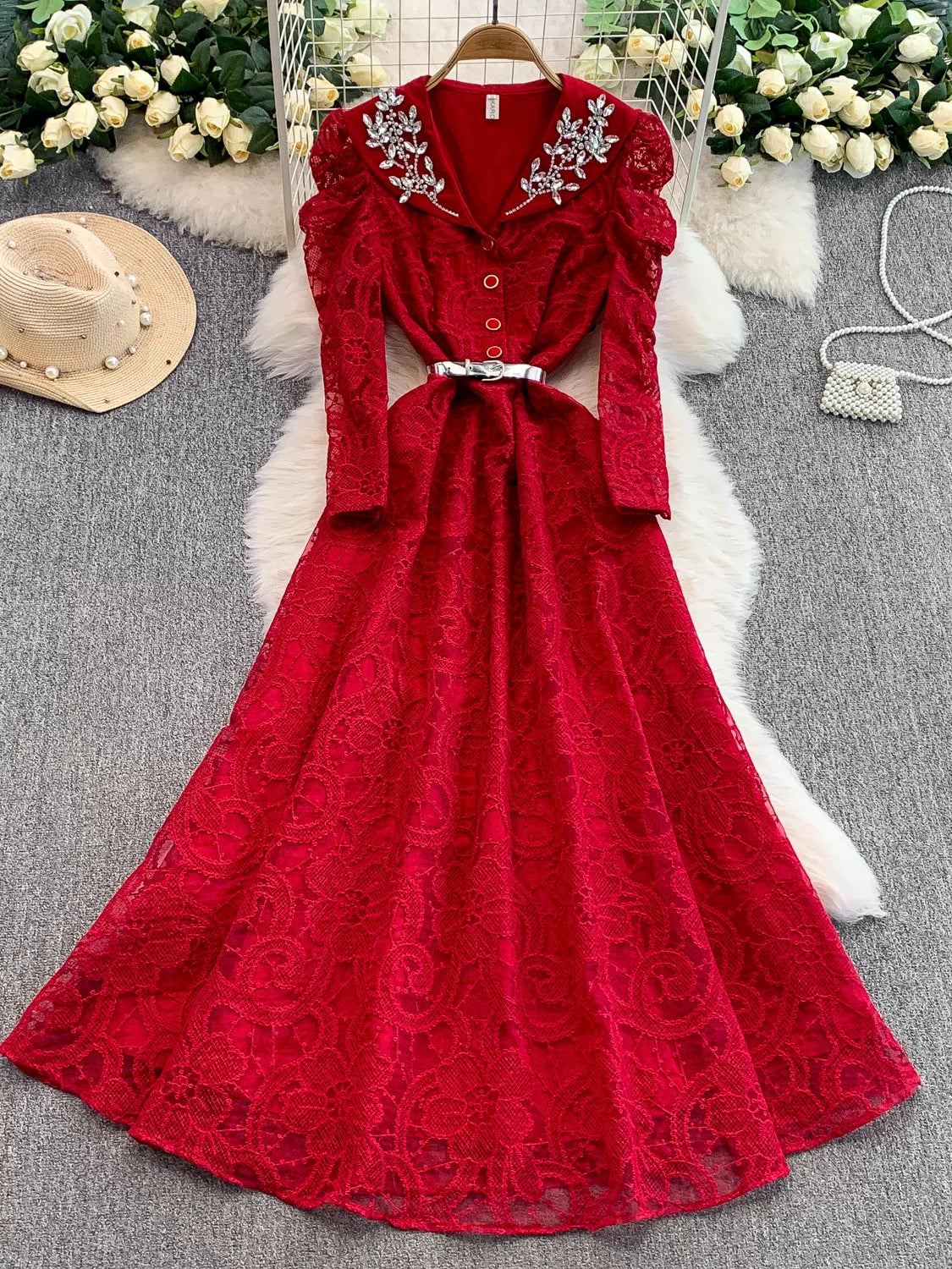 Diamond V-neck Long-sleeved Dress for Women  69B920