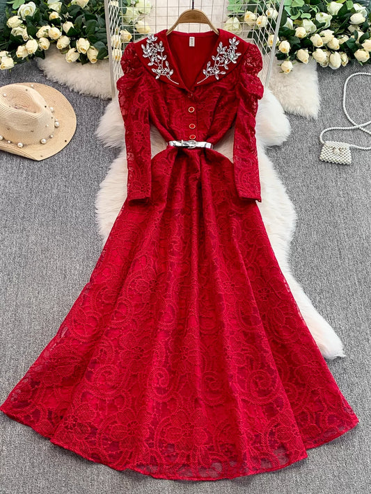 Diamond V-neck Long-sleeved Dress for Women  69B920
