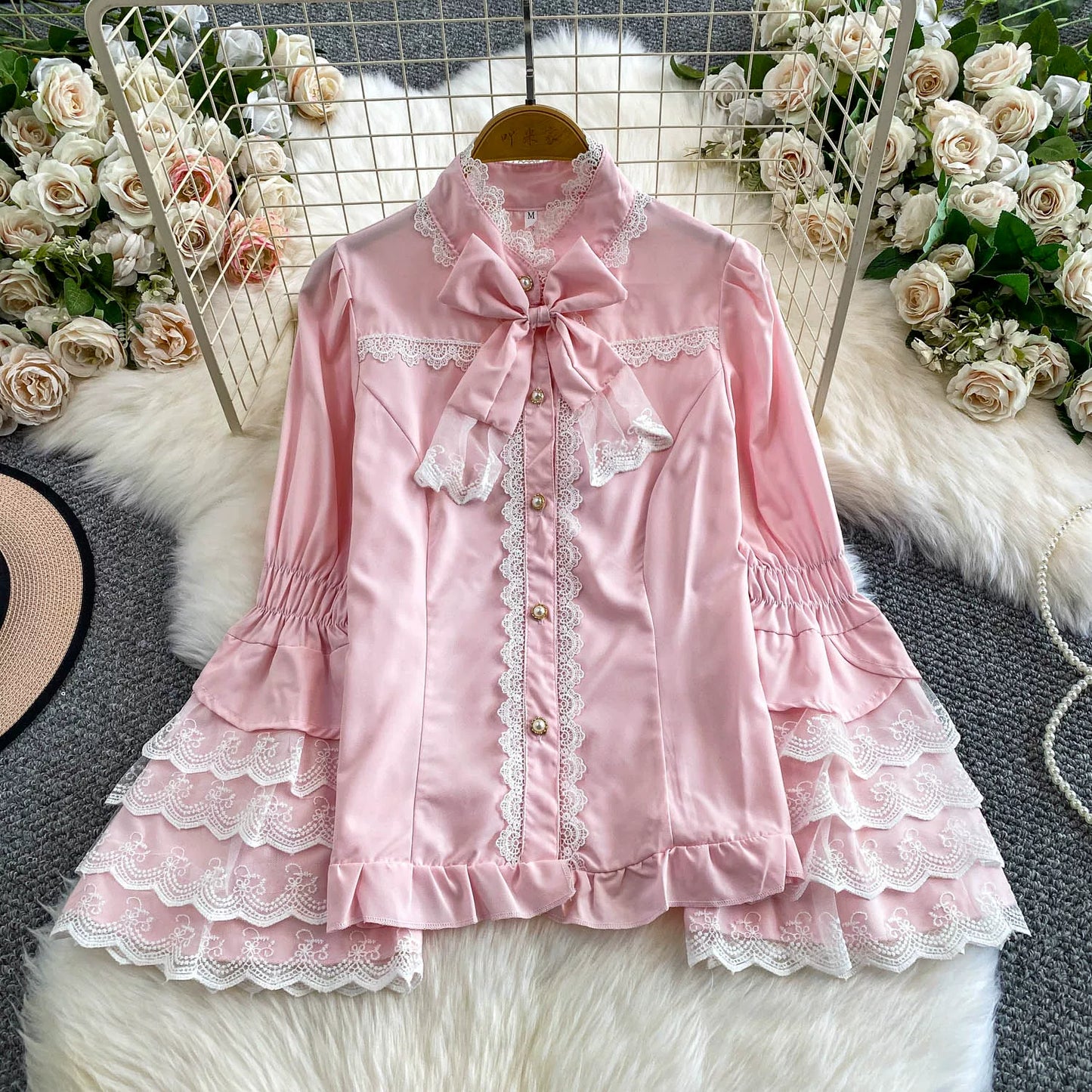 Lace Patchwork Stand Collar Shirt 64D112