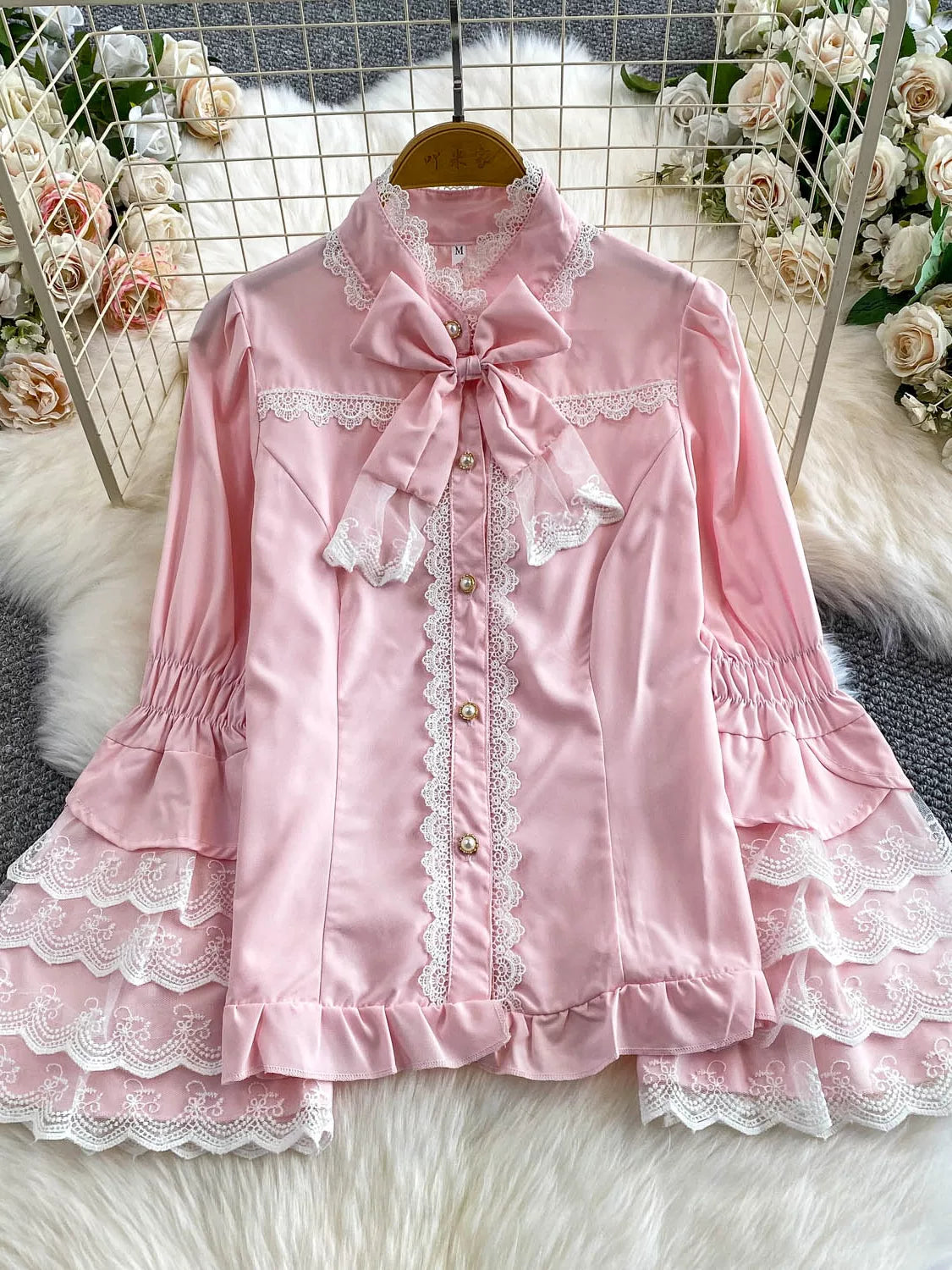 Lace Patchwork Stand Collar Shirt 64D112