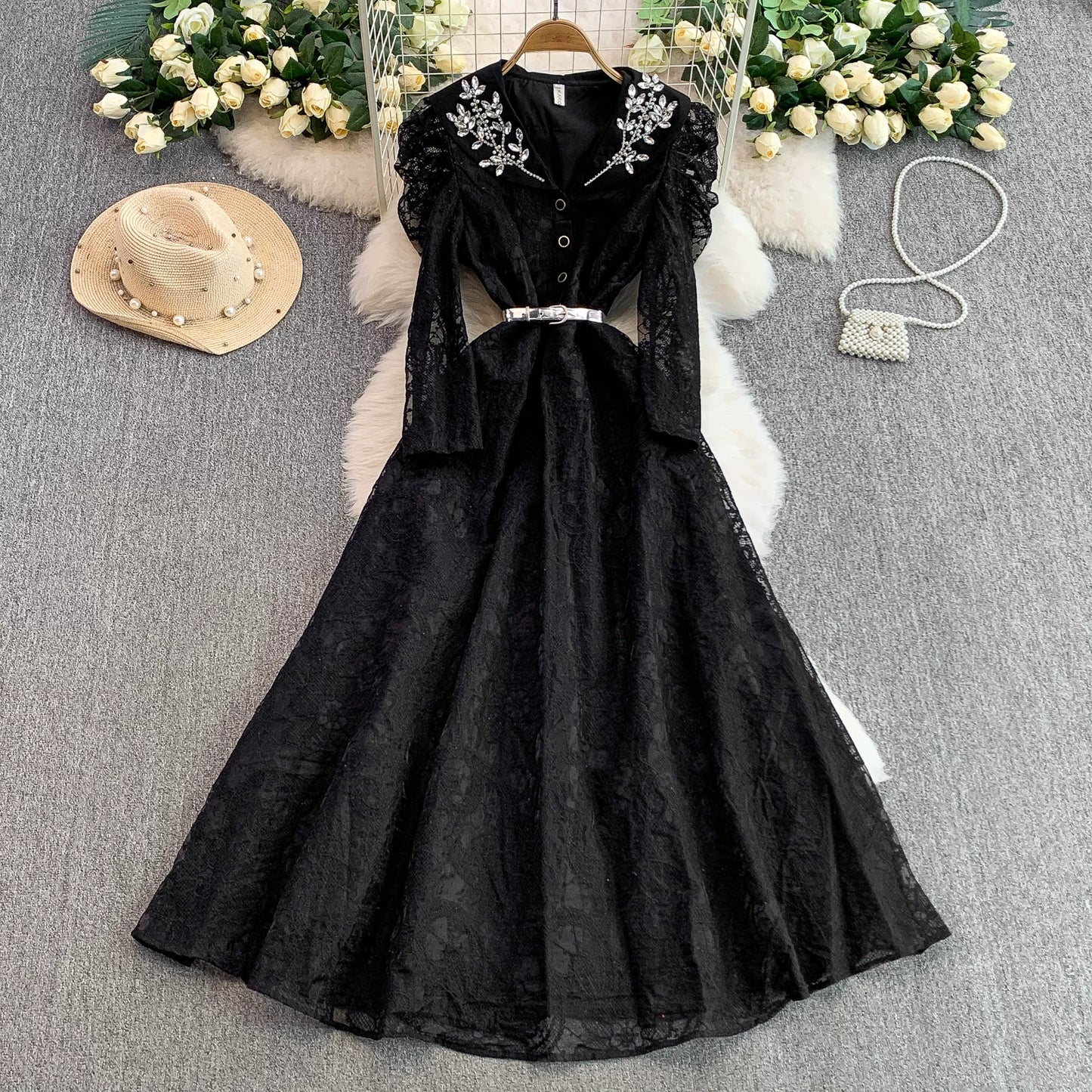 Diamond V-neck Long-sleeved Dress for Women  69B920