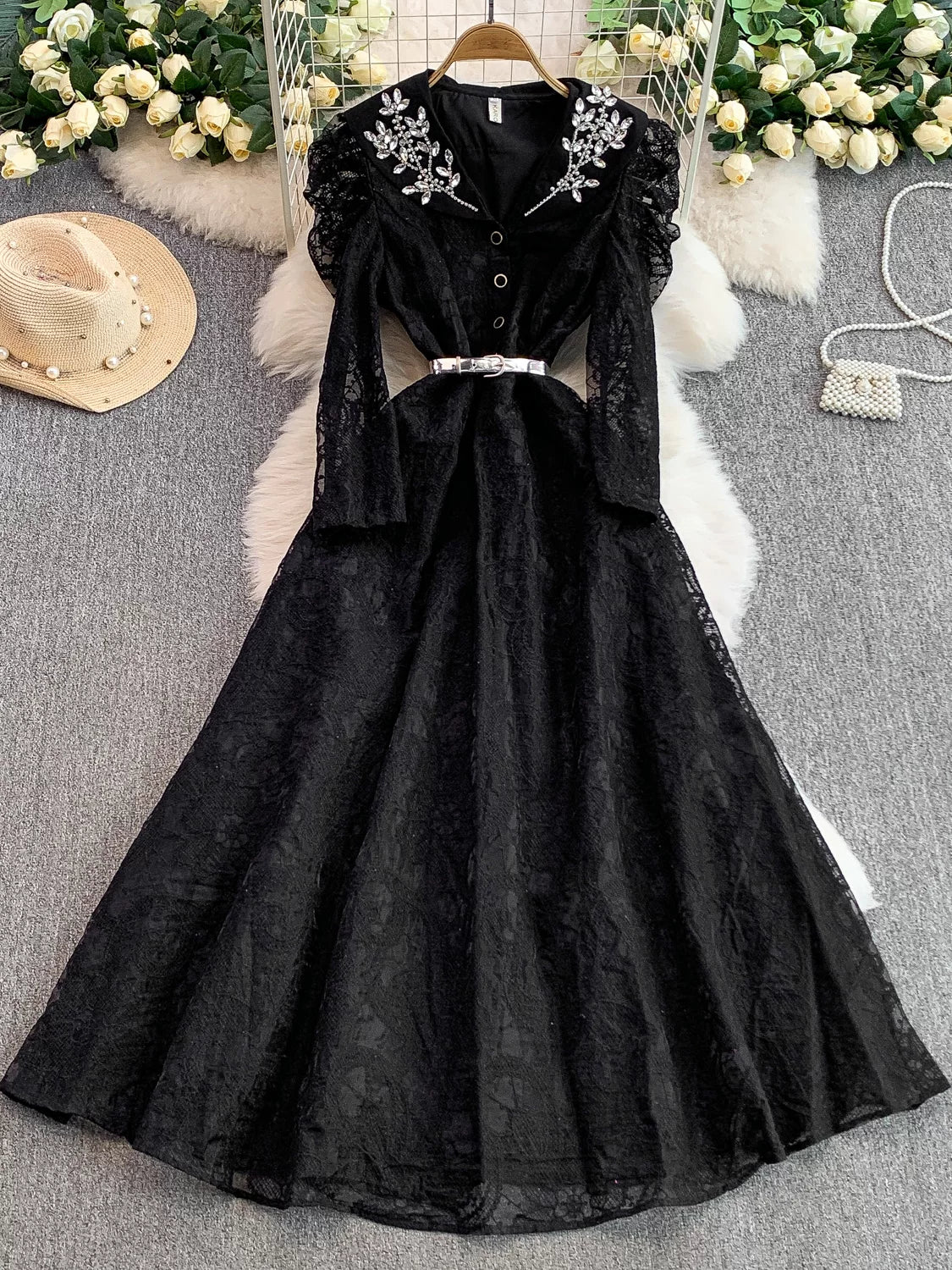 Diamond V-neck Long-sleeved Dress for Women  69B920