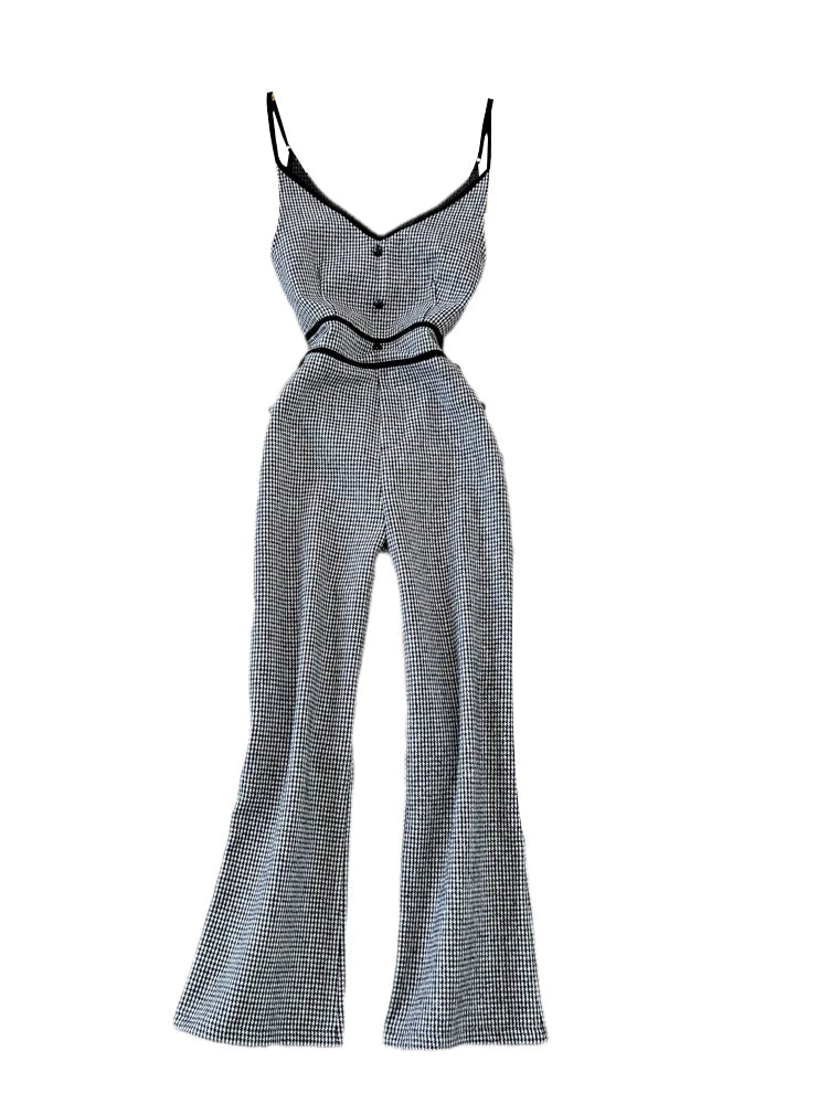 V-neck Houndstooth Woolen Jumpsuit 64H073