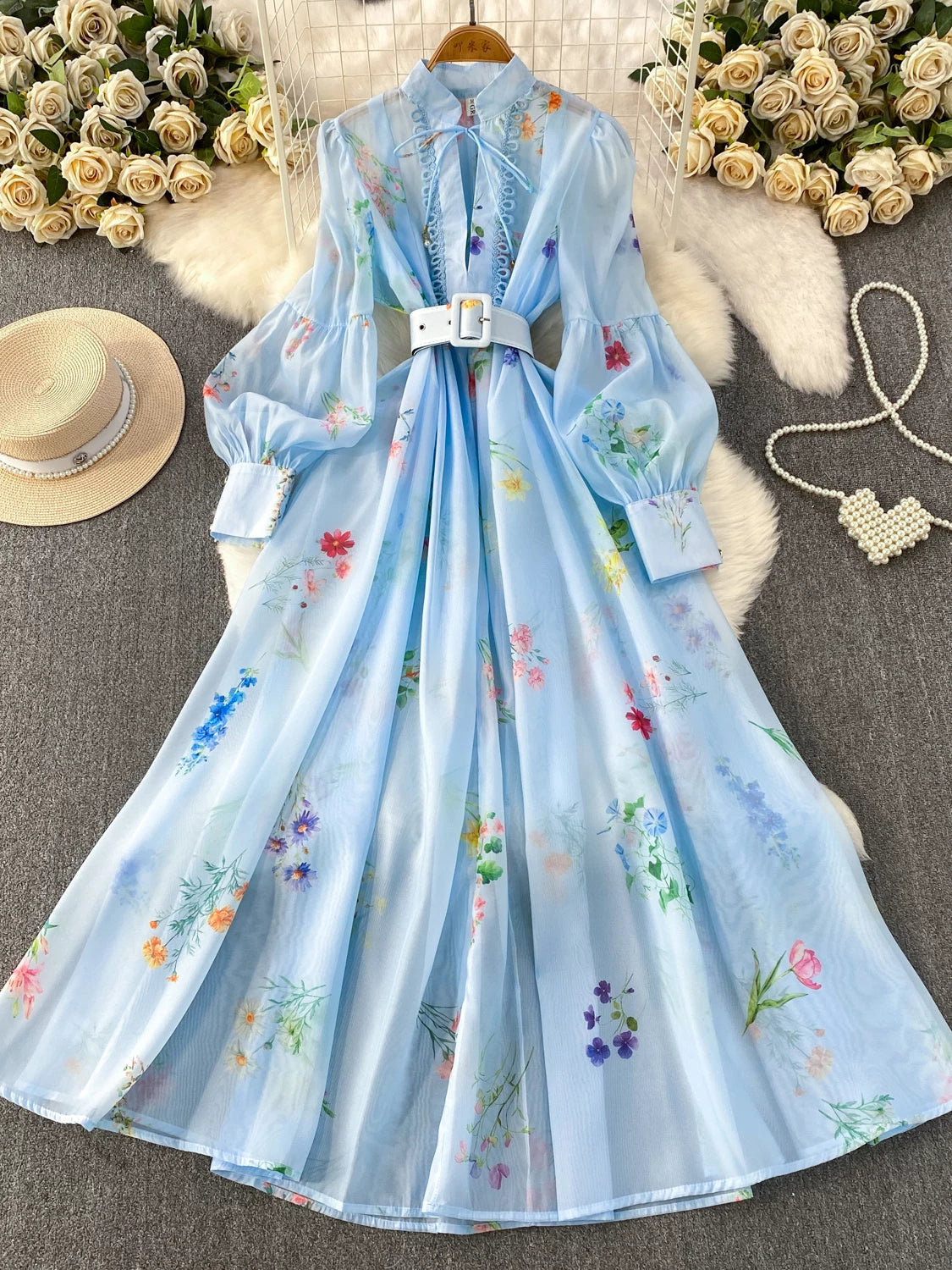 Stand Collar Lantern Sleeve Dress SA767