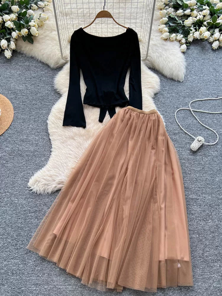 Two-piece Long-sleeved Top High-waisted Mesh Skirt 69B918