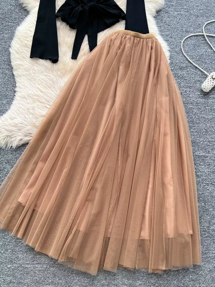 Two-piece Long-sleeved Top High-waisted Mesh Skirt 69B918