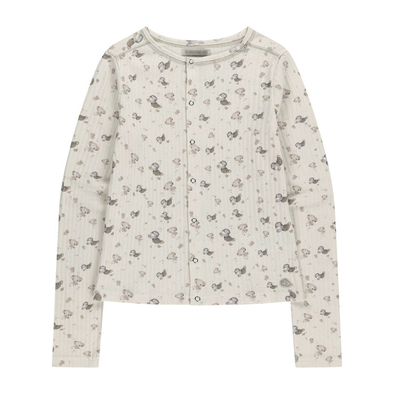 Floral Print Single-breasted Slim-fitting Long-sleeved T-shirt for Women 73C104