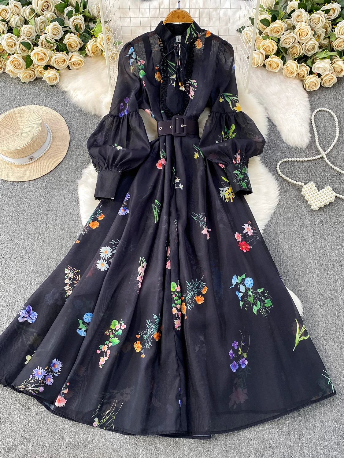 Stand Collar Lantern Sleeve Dress SA767