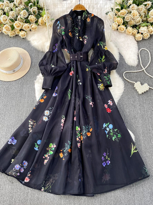 Stand Collar Lantern Sleeve Dress SA767