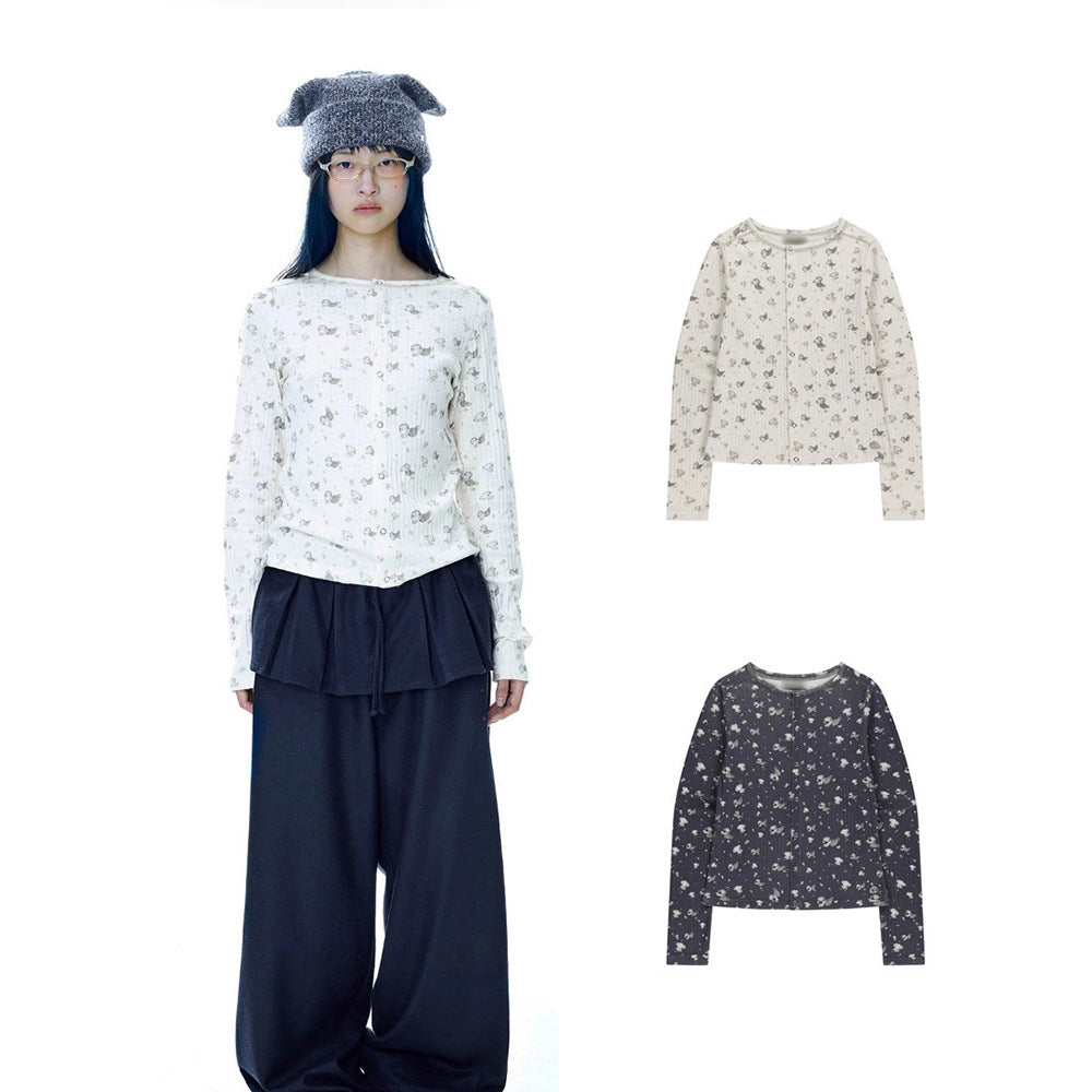 Floral Print Single-breasted Slim-fitting Long-sleeved T-shirt for Women 73C104