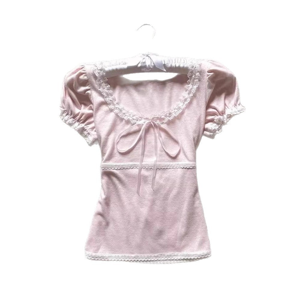 Lace Patchwork Bow Short Sleeve T-shirt US 64D142
