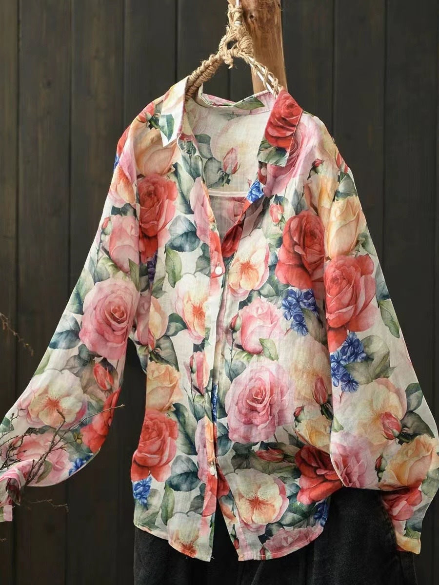 Ramie Printed Shirt Long Sleeve Women