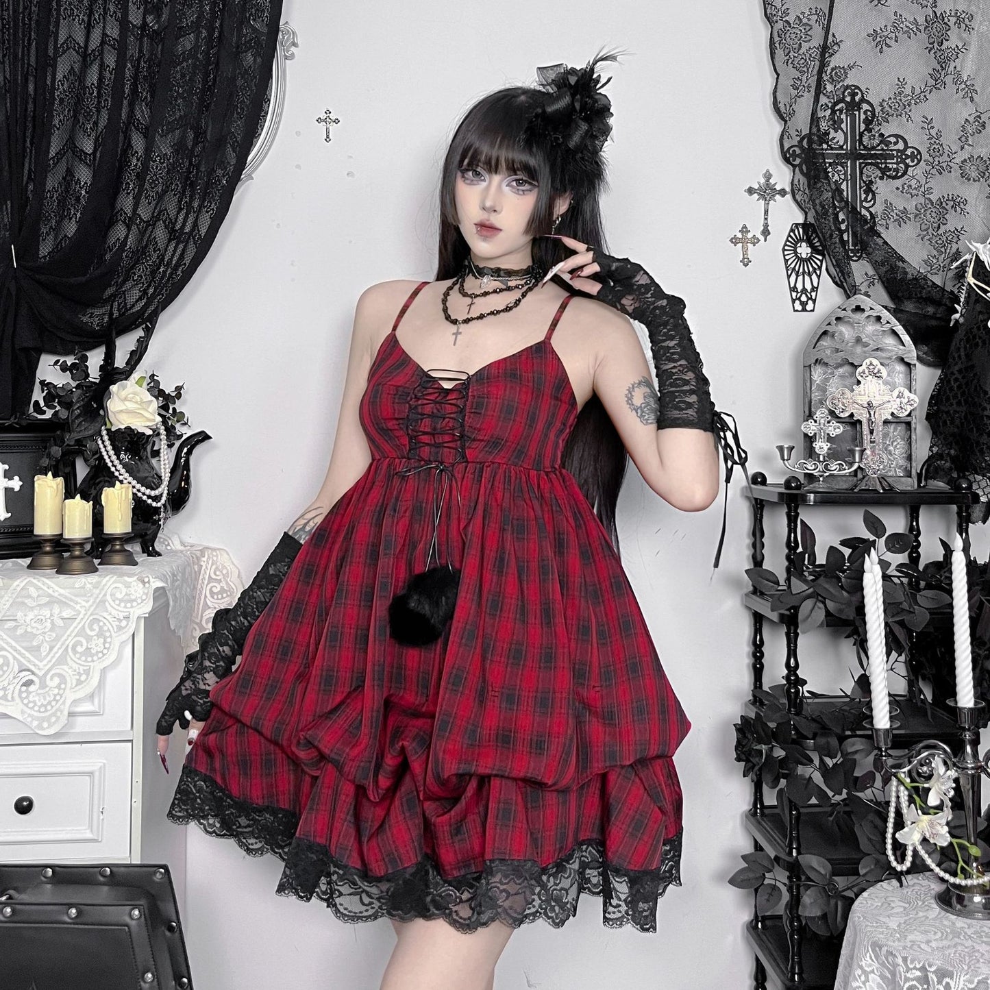 Plaid Suspender Skirt  SA774