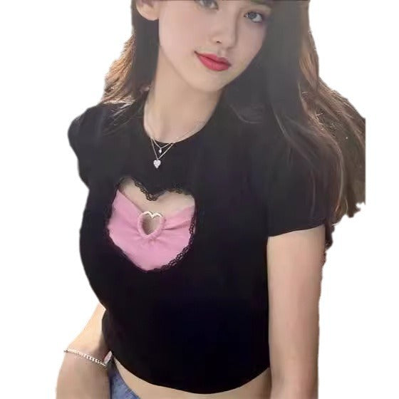 Hollow Love Design Short-sleeved T-shirt for Women US 64D179