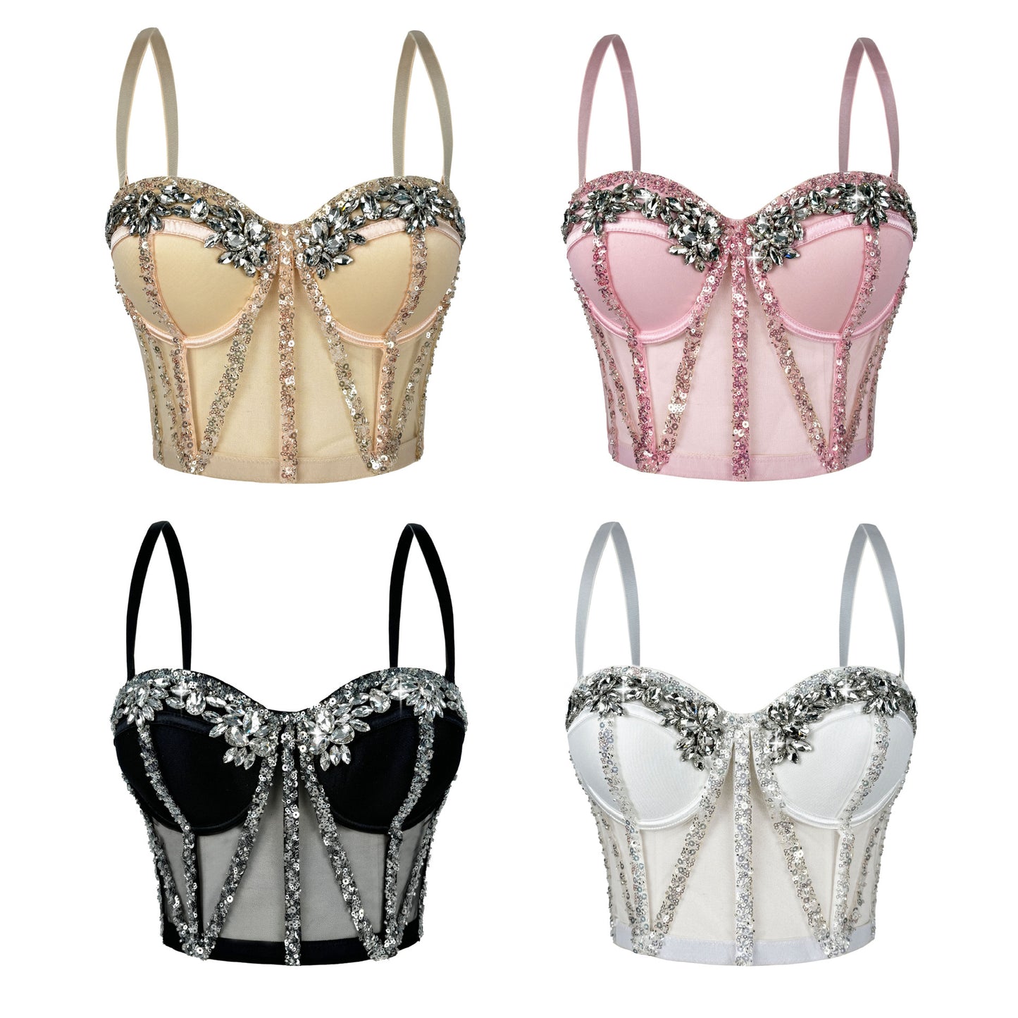 Rhinestone Mesh Fishbone Bra  69B890