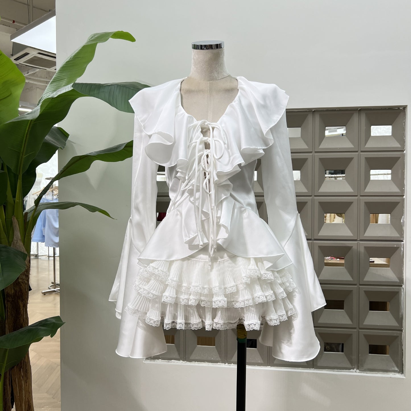 Long Sleeve Ruffle Edge Shirt Skirt Set SA373