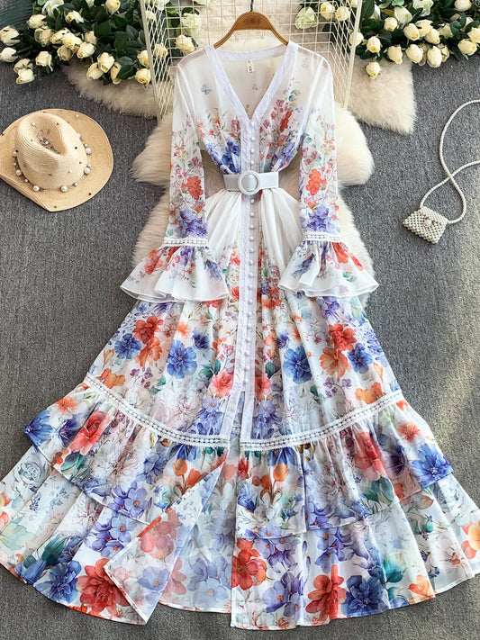 Printed Waist-cinching Ruffle Dress SA731