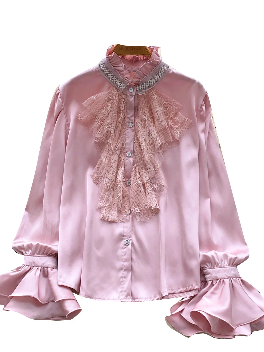Diamond Stand-Up Neck Flared Sleeve Satin Shirt Women