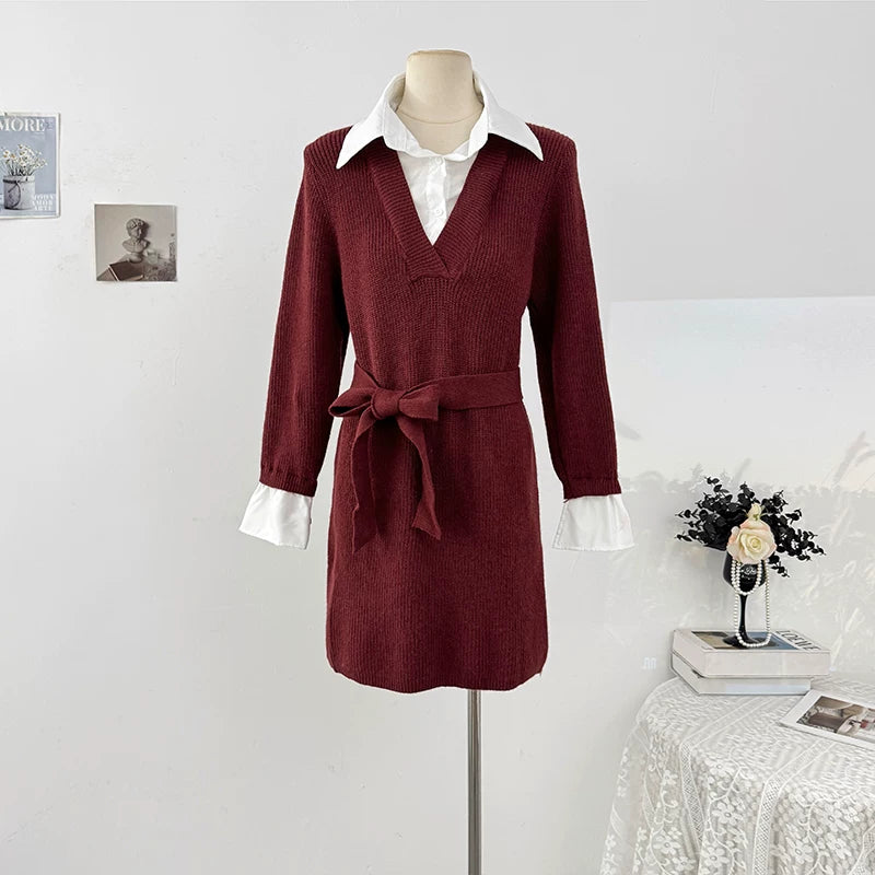 Collared Long-sleeve Knit Dress  SAB122