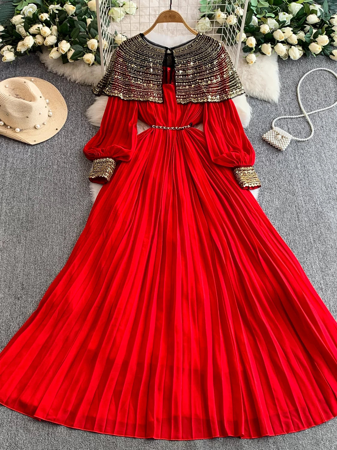 Sequin Lantern Sleeve Dress  64D118