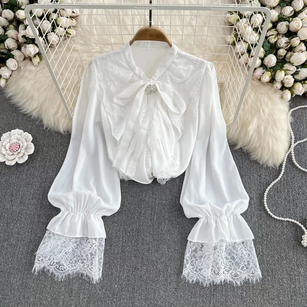 Lace Patchwork Bell Sleeve Bow Tie Shirt 58A961