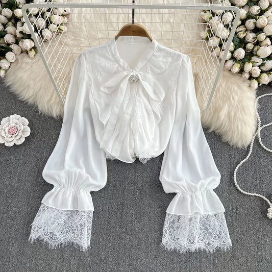 Lace Patchwork Bell Sleeve Bow Tie Shirt 58A961