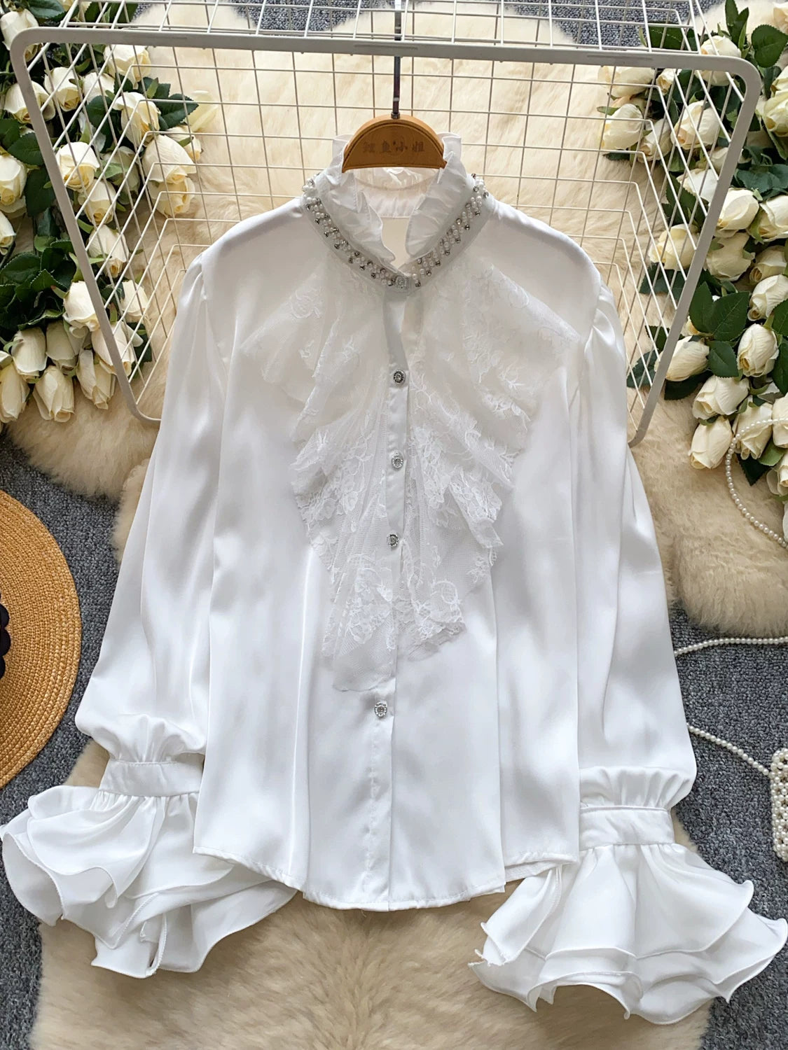 Diamond Stand-Up Neck Flared Sleeve Satin Shirt Women