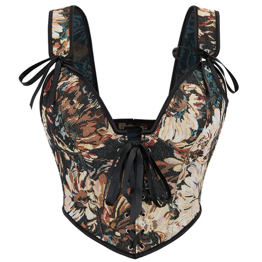 Oil Painting Style Body Sculpting Fish Bone Suspender Top 69A704