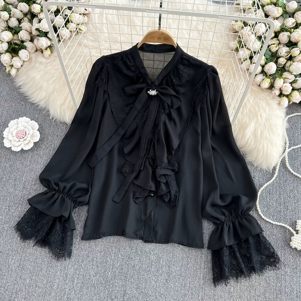 Lace Patchwork Bell Sleeve Bow Tie Shirt 58A961
