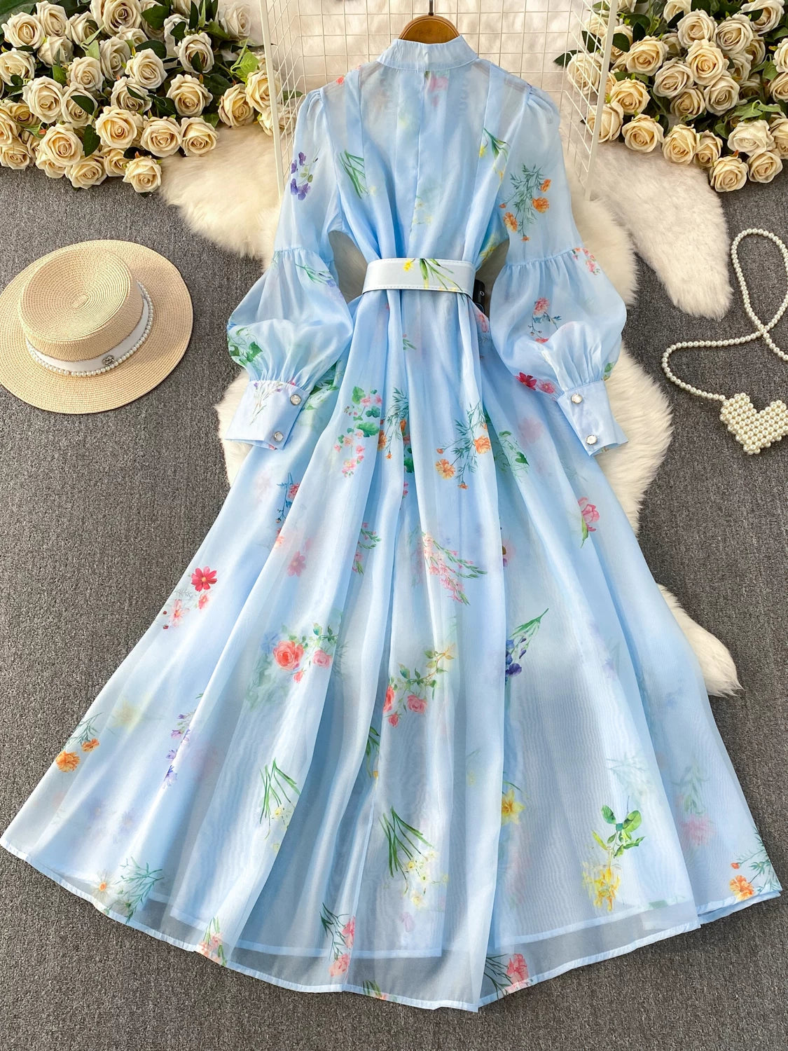 Stand Collar Lantern Sleeve Dress SA767