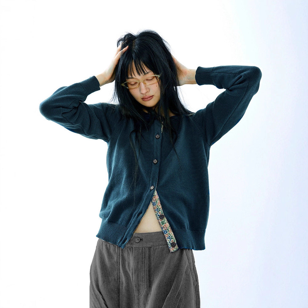 Flower Solid Color Loose Knitted Cardigan Women 73C094