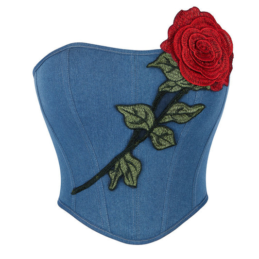 Blue Denim Rose Women Tube Top Corset Court Shapewear 69A630