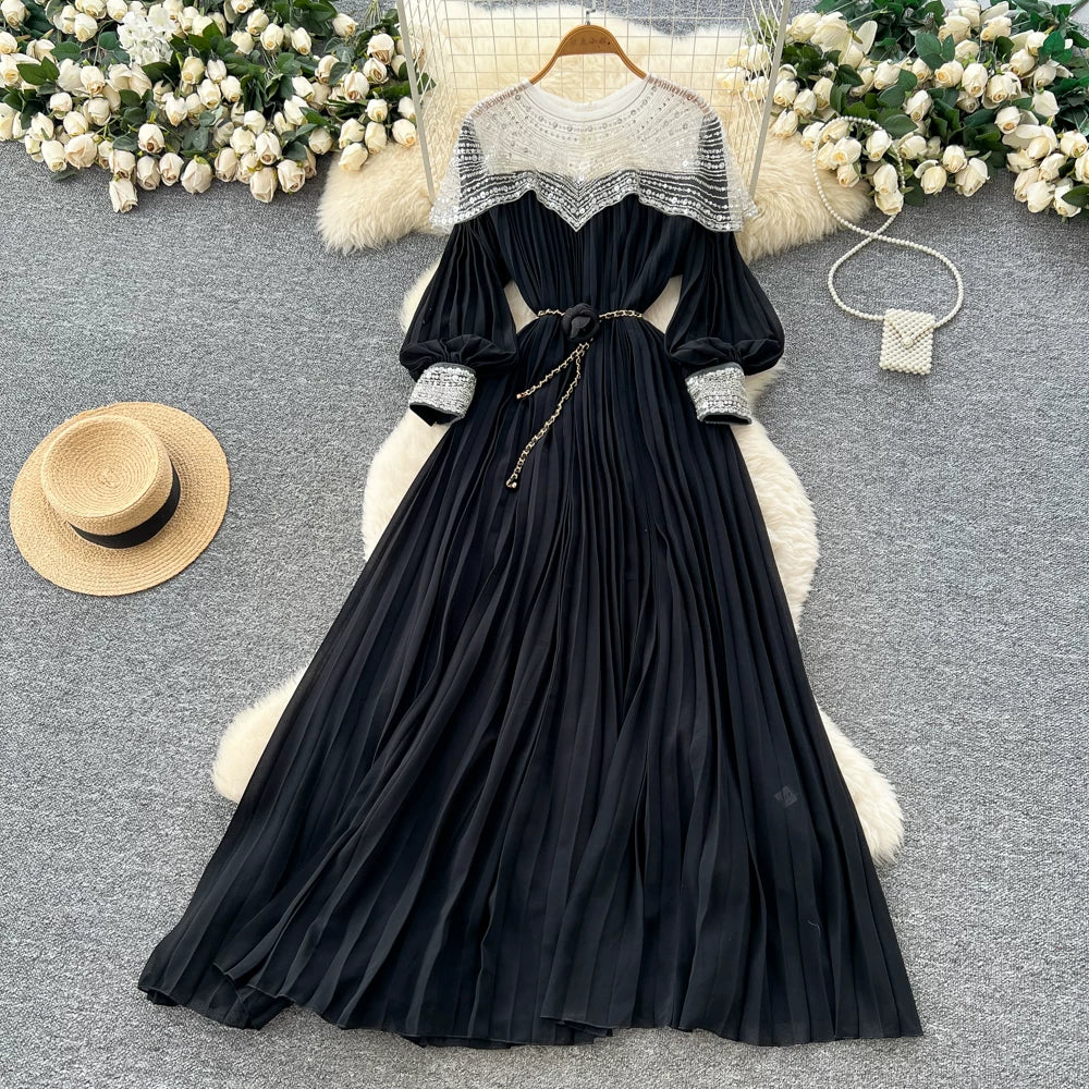 Embroidered Beaded Sequin Lantern Sleeve Dress 64D215