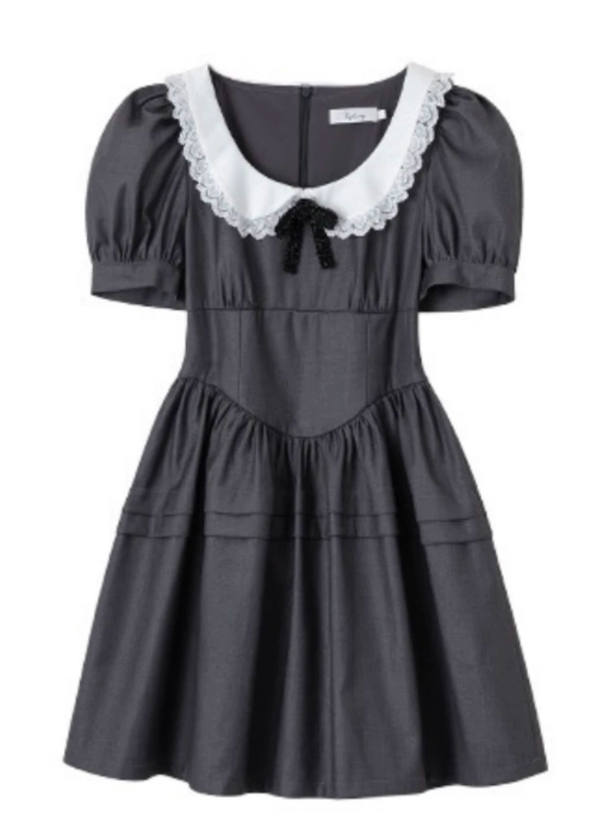 Doll Collar Bubble Sleeves Waist Gray Tutu Skirt 69B901