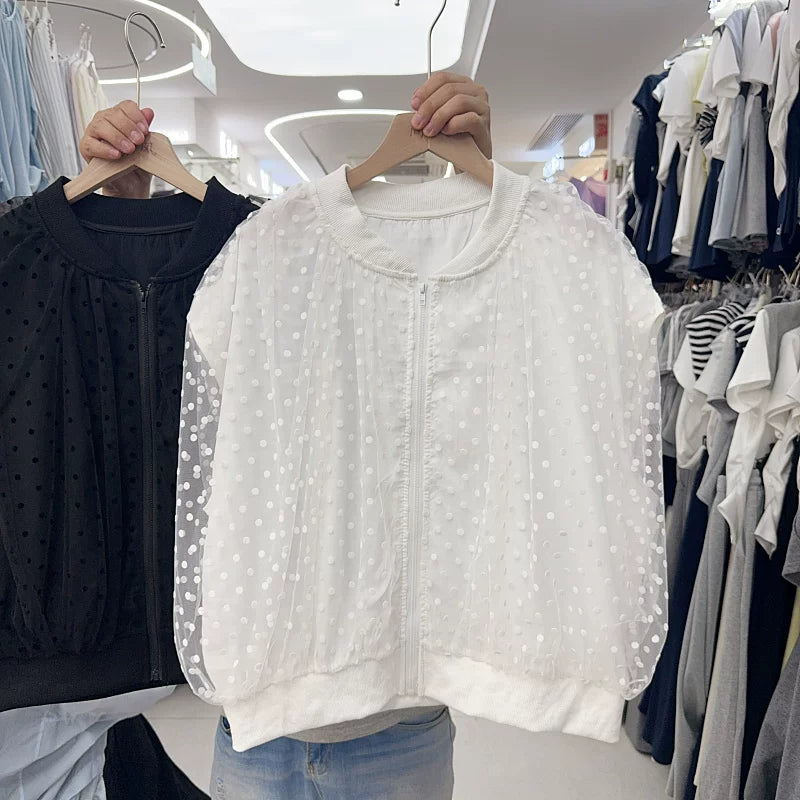 V-neck Lace Polka Dot Mesh Top SA967