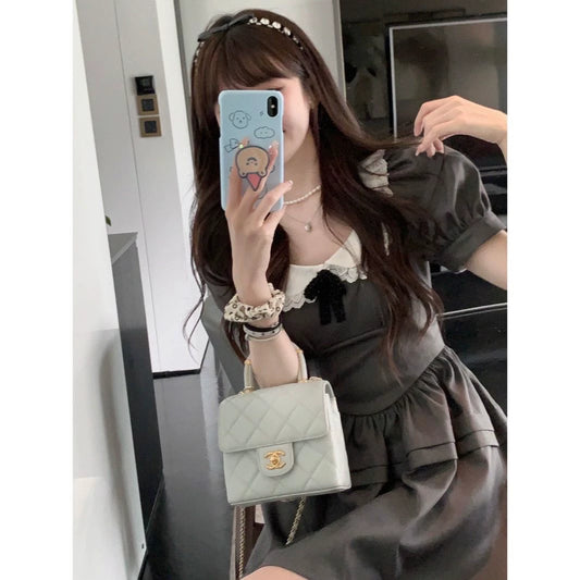 Doll Collar Bubble Sleeves Waist Gray Tutu Skirt 69B901