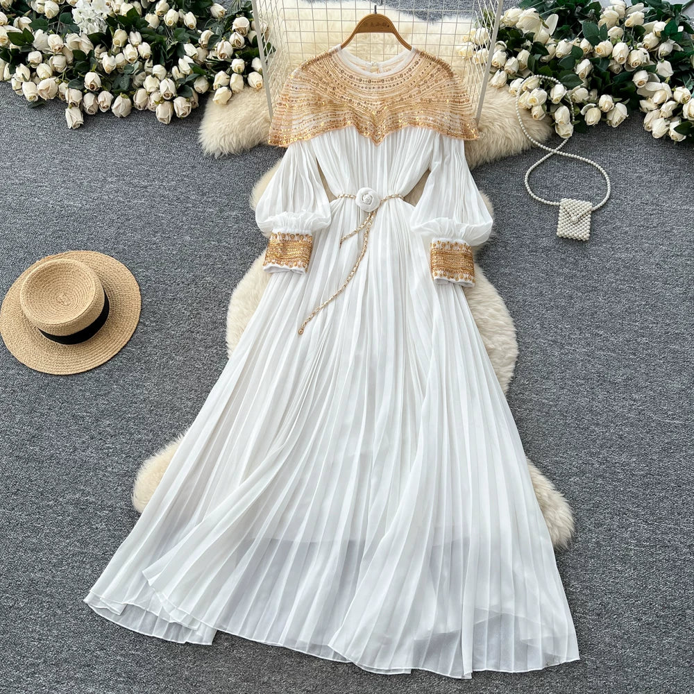 Embroidered Beaded Sequin Lantern Sleeve Dress 64D215