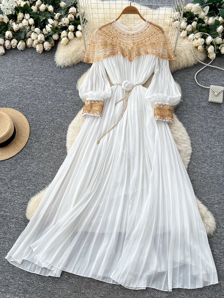 Embroidered Beaded Sequin Lantern Sleeve Dress 64D215